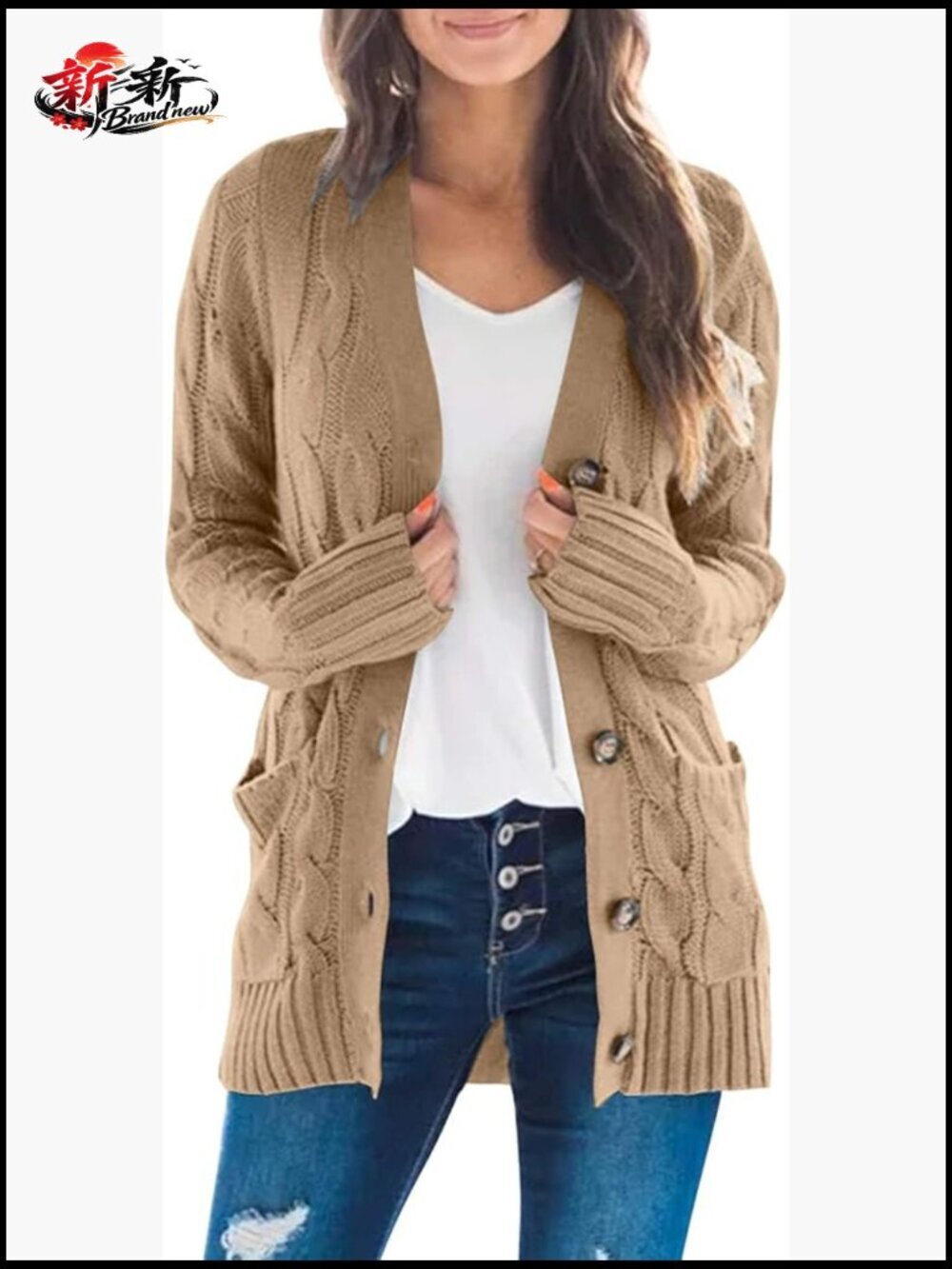 Cable Knit Cardigan Button Down Long Sleeve V-Neck Open Front Chunky Relaxed Fit